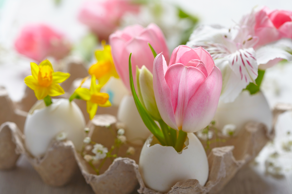 Centrotavola pasquale fai da te con gusci delle uova e fiori